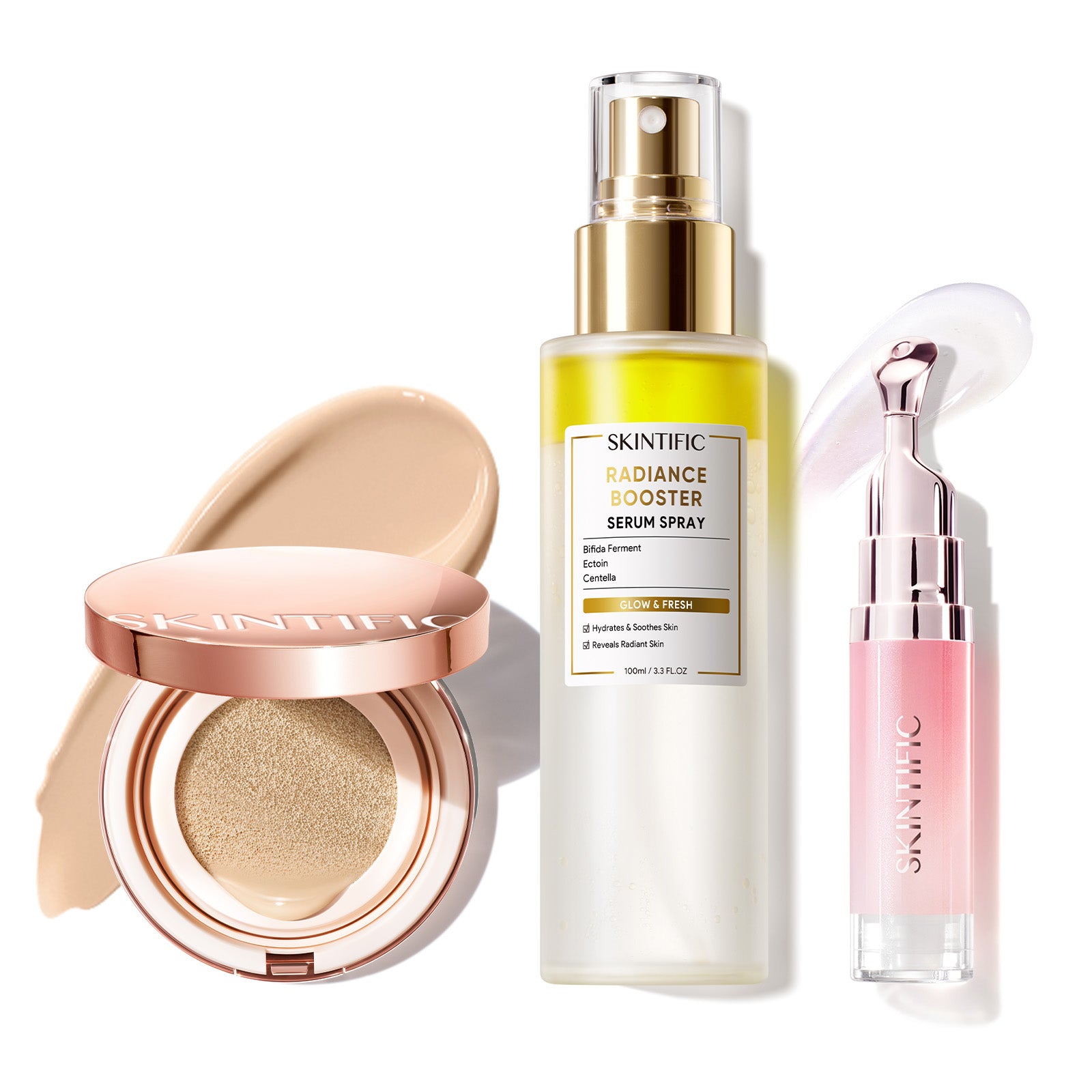 Cushion de cobertura de larga duración 12 horas + Spray sérum potenciador + Sérum labial