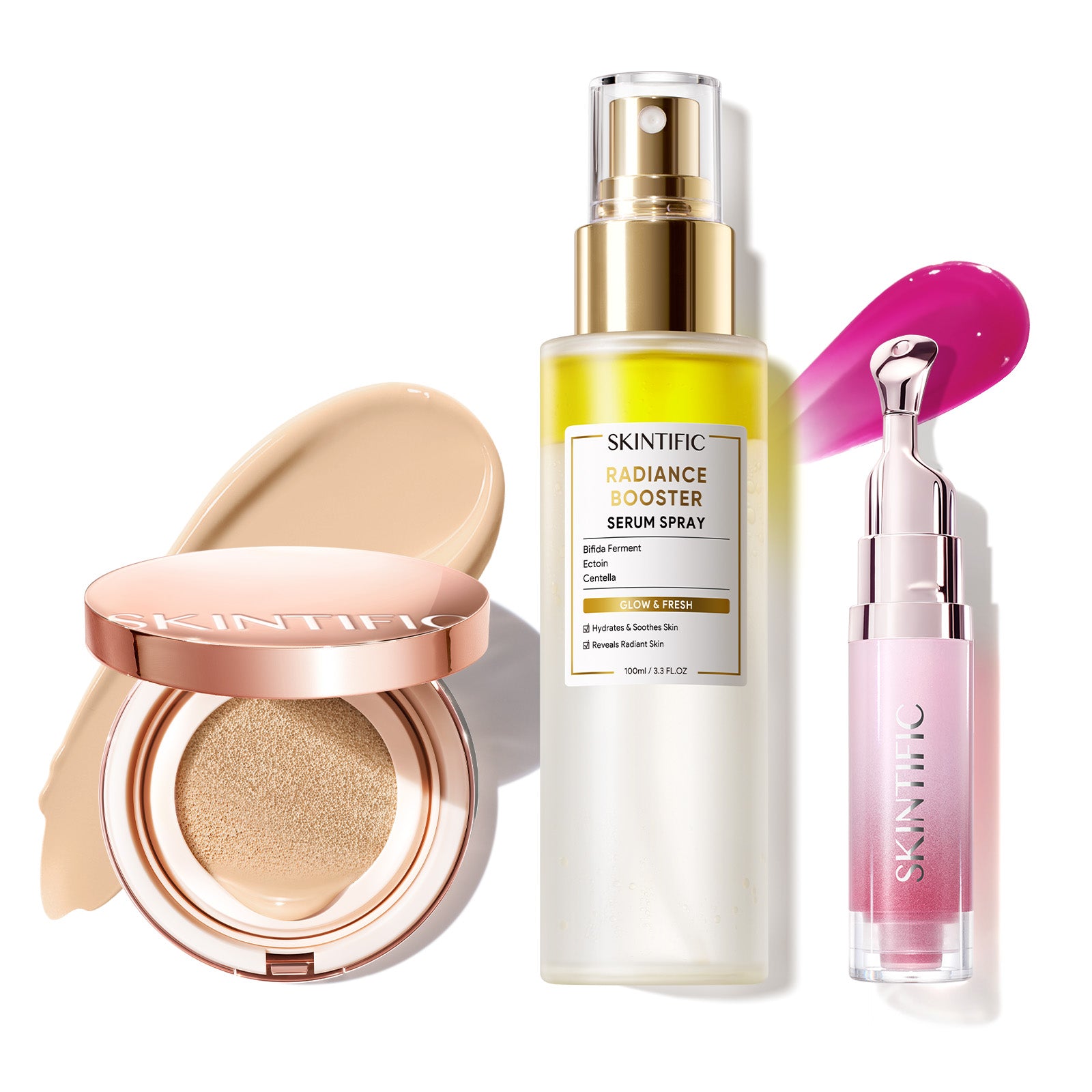 Cushion de cobertura de larga duración 12 horas + Spray sérum potenciador + Sérum labial