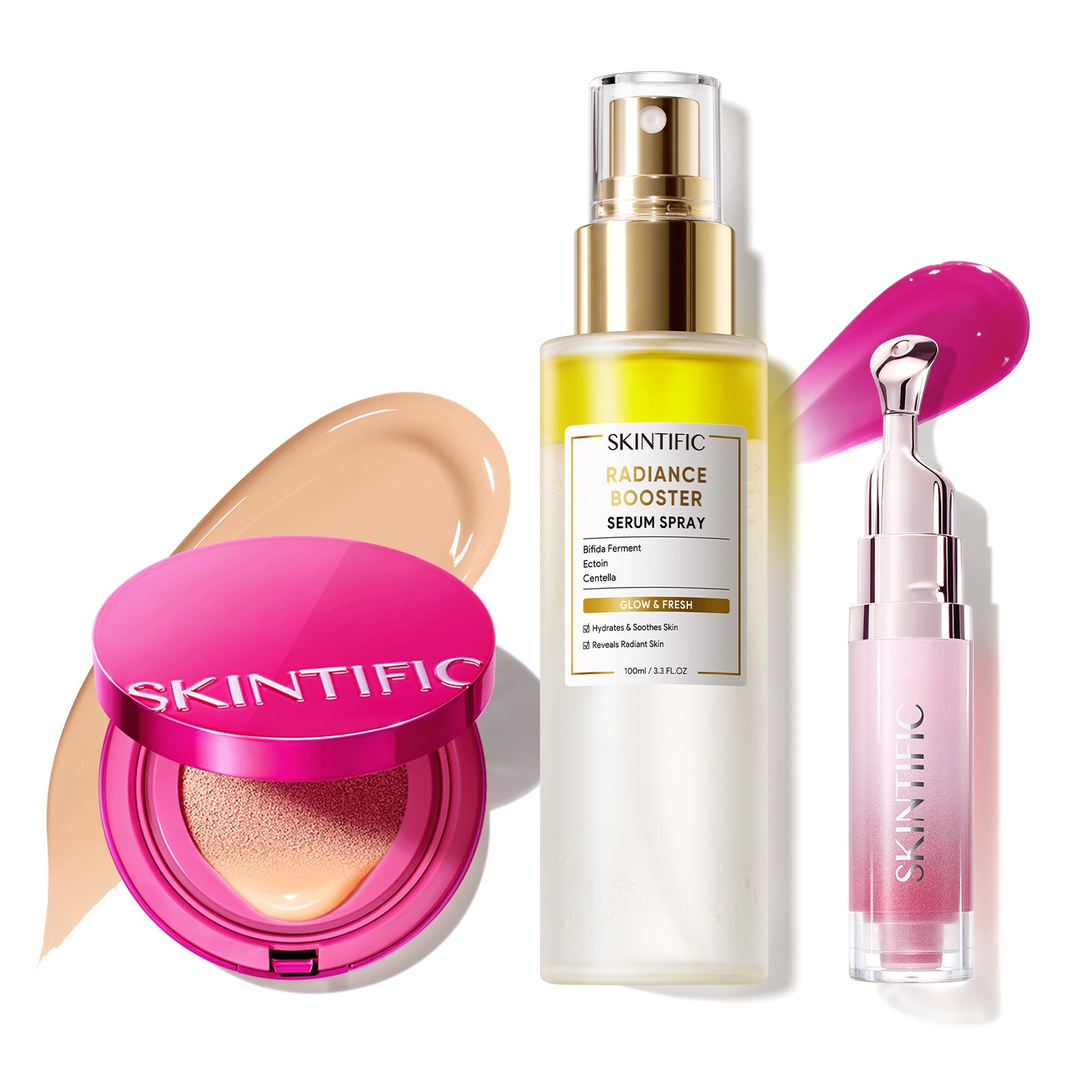 Cushion Glow Cover + Spray Sérum Potenciador + Sérum Labial