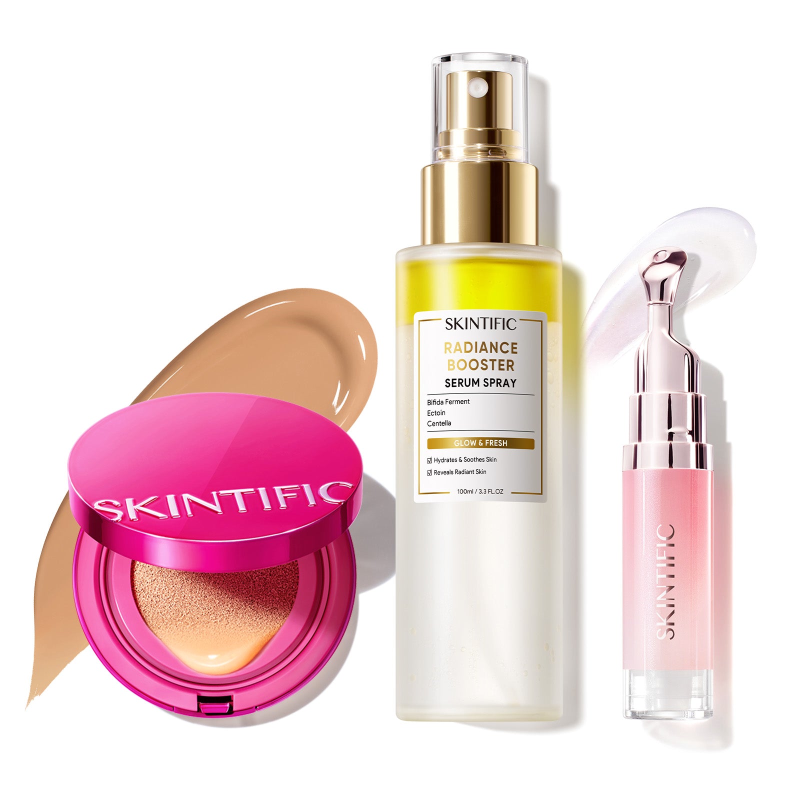 Cushion Glow Cover + Spray Sérum Potenciador + Sérum Labial
